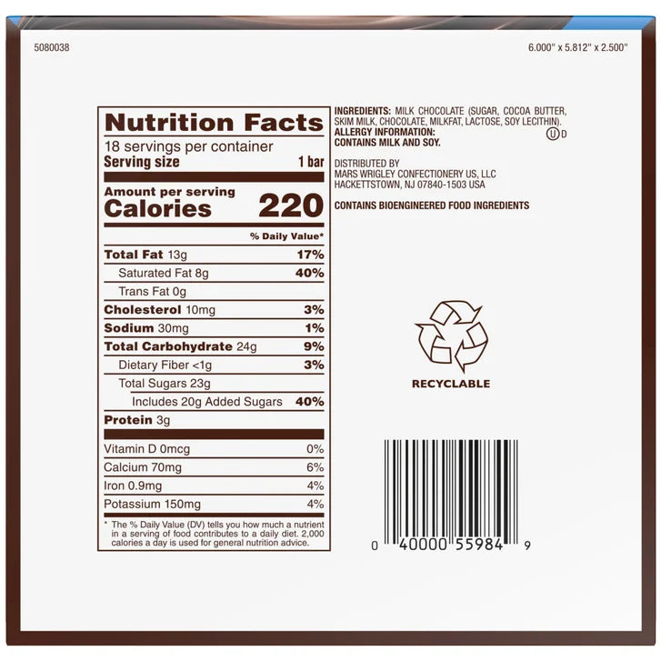 Dove Milk Chocolate Candy Bars, Full Size, 1.44 oz, 18-count