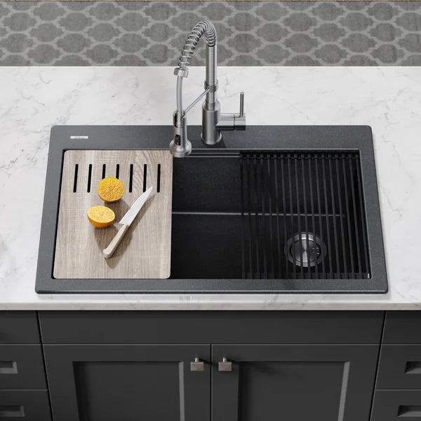 KRAUS 33" Drop-In Single Bowl Granite Kitchen Sink with Commercial Kitchen Faucet