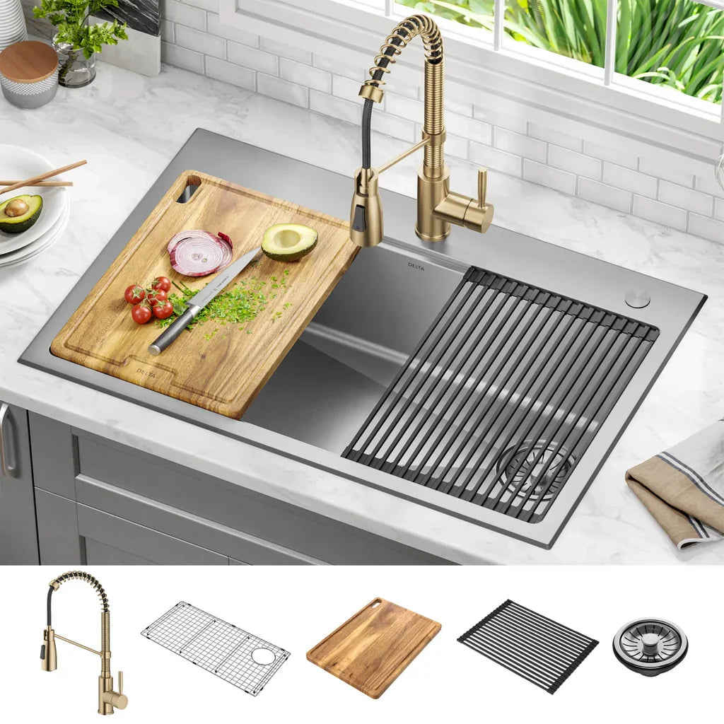 Delta 33" Dual Mount Workstation Sink with 18" Kitchen Faucet