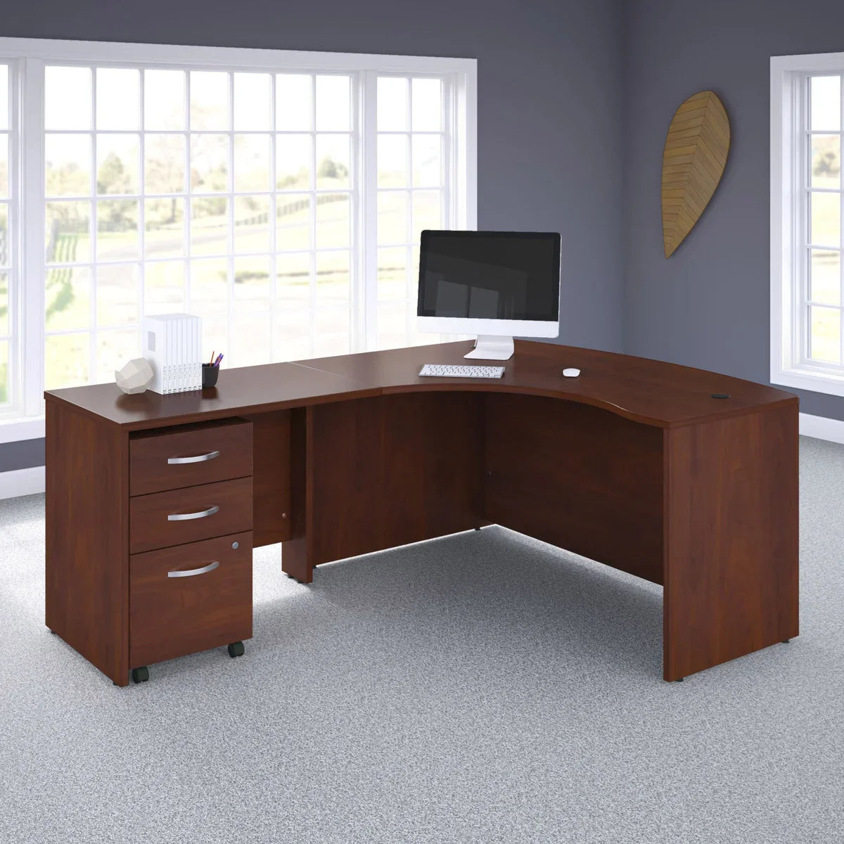 Business Office Pro Left Handed L-Shaped Desk with 3-Drawer Mobile Pedestal in Hansen Cherry