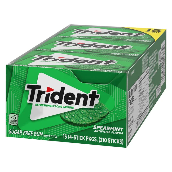 Trident Sugar Free Gum, Spearmint, 14-count, 15-pack