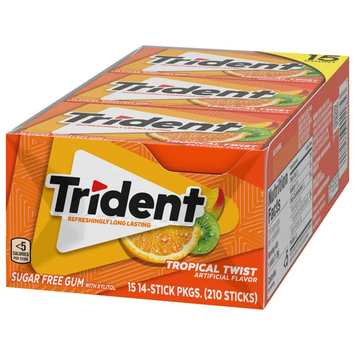 Trident Sugar Free Gum, Tropical Twist, 14-count, 15-pack