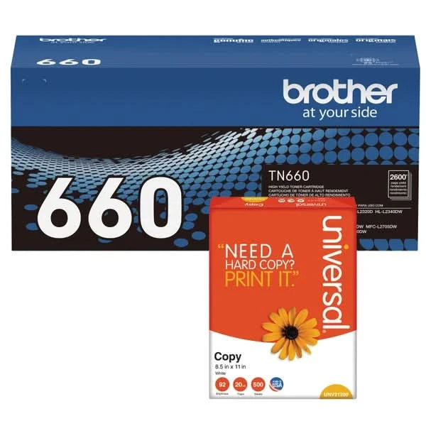 Brother TN660 High-Yield Toner, Black, 2-pack with Bonus Ream of Paper
