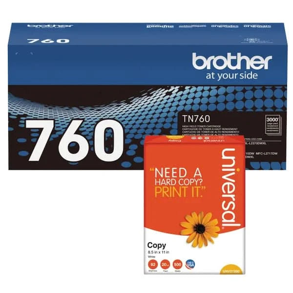 Brother TN760 High-Yield Toner Cartridge, Black, 2-pack with Bonus Ream of Paper