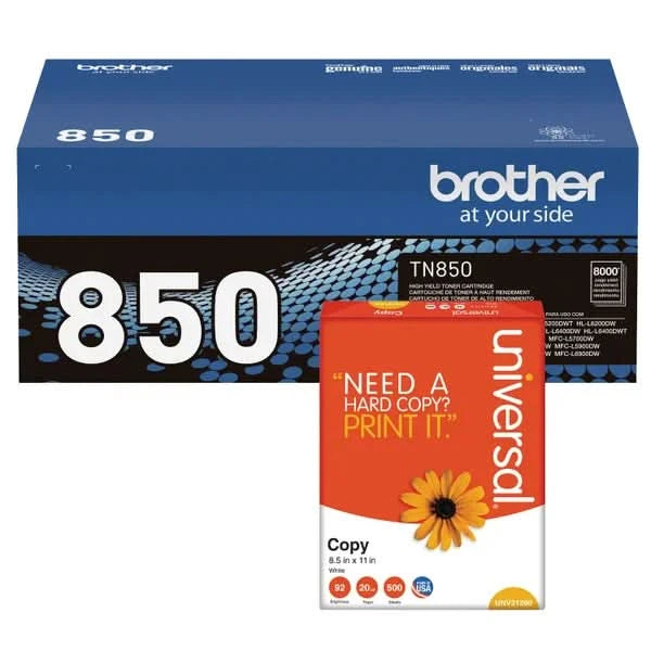 Brother TN850 High-Yield Toner Cartridge, Black, 2-pack with Bonus Ream of Paper