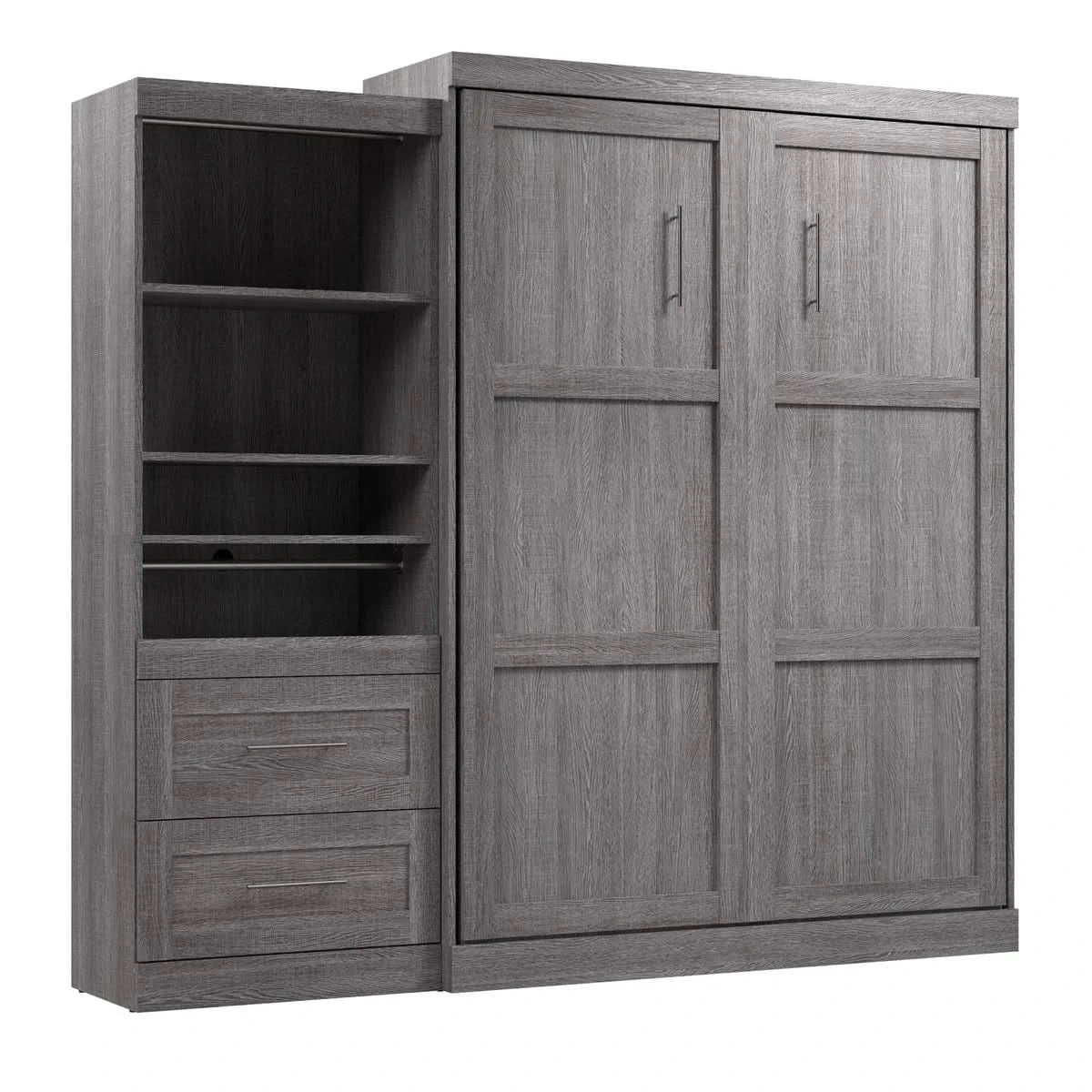 Boutique Queen Murphy Bed and Shelving Unit with Drawers and Pull-Out Shelf