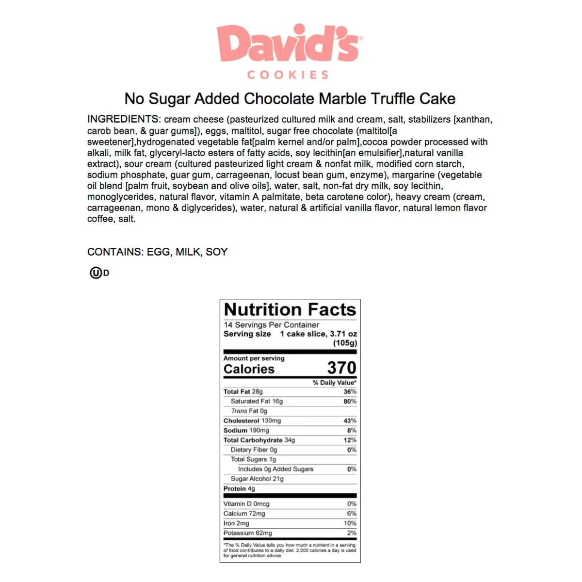 Davids Cookies No Sugar Added Cheesecake Marble Truffle Cake 2 Pack 28 Slices Total