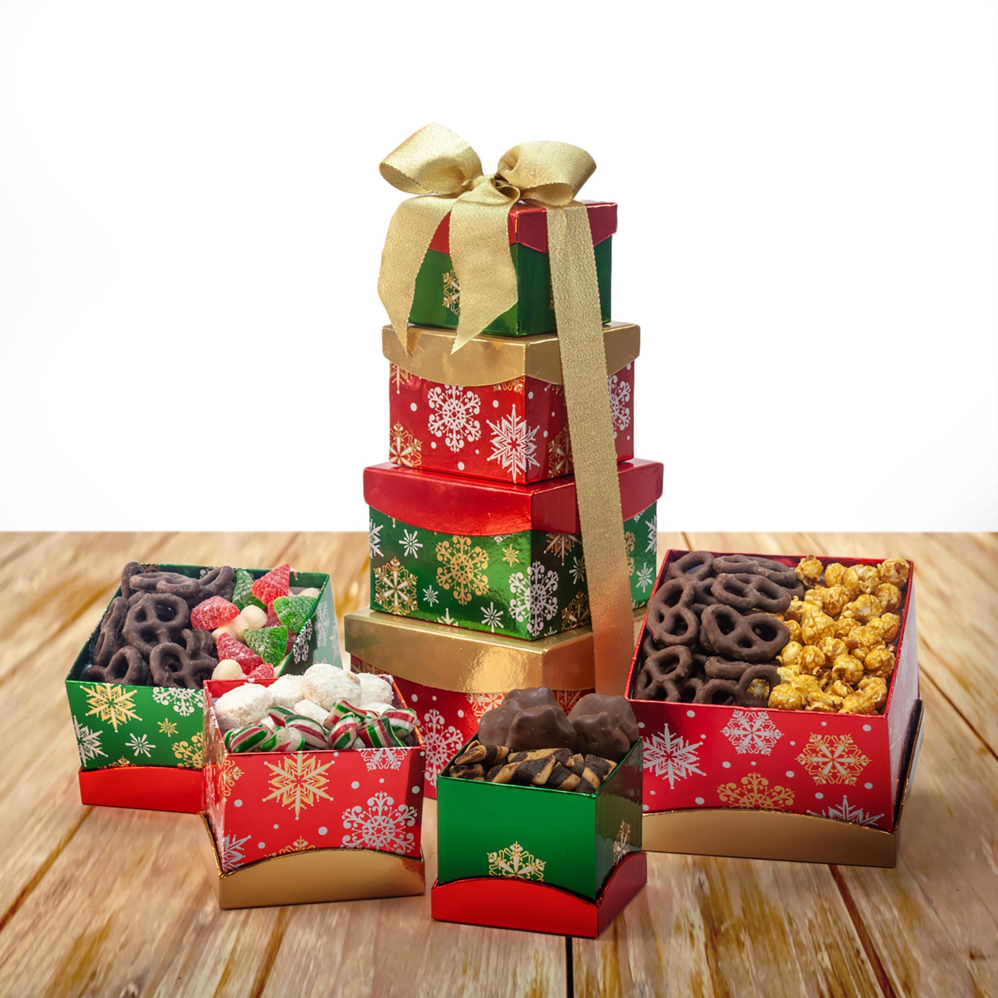 Happy Holidays Snowflake Tower of Sweets 4-Tier Tower, 1.92 lbs Total