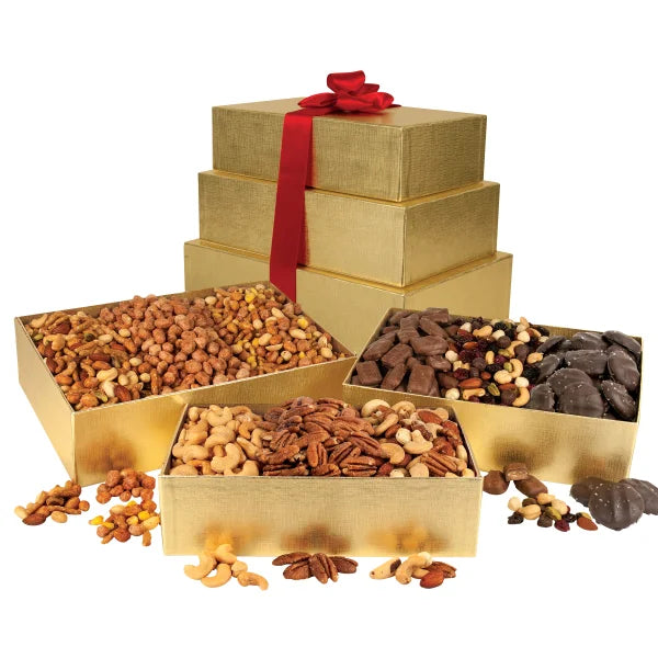 A.L. Schutzman 3-Tier Nested Gold Gift Box Set, Assortment of Nuts and Chocolate, 8 lb Total