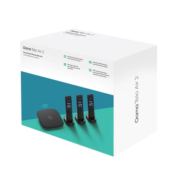 Ooma Telo Air 2 Wireless Wi-Fi Home Phone Service with 3 Cordless Handsets