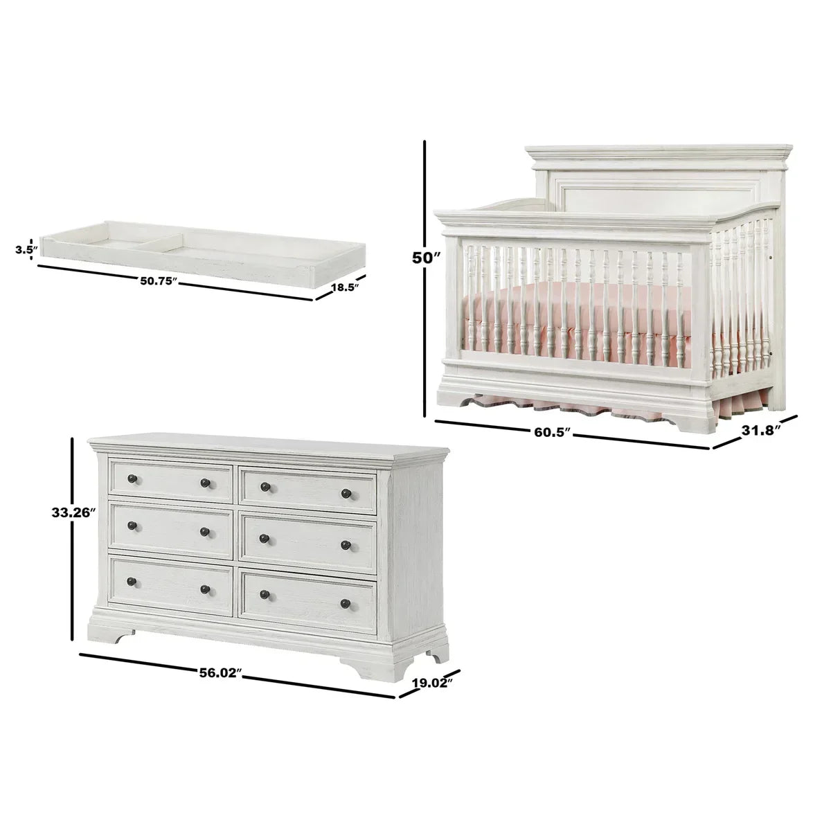Imagio Baby Ashley 3-piece Crib Set, w/ Dresser and Chifferobe, Brushed White