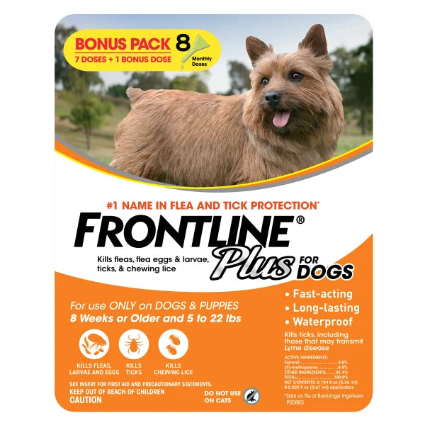 Frontline Plus Flea and Tick Dog Treatment 5-22 lb, 7+1 Doses
