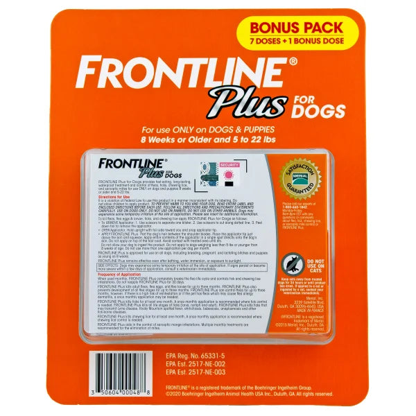 Frontline Plus Flea and Tick Dog Treatment 5-22 lb, 7+1 Doses