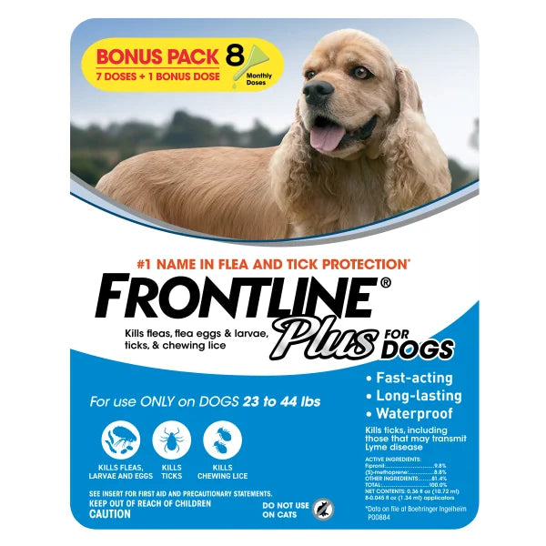 Frontline Plus Flea and Tick Dog Treatment 23-44 lb, 7+1 Doses