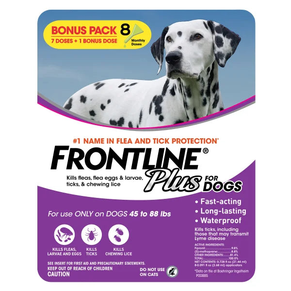 Frontline Plus Flea and Tick Dog Treatment 45-88 lb, 7+1 Doses