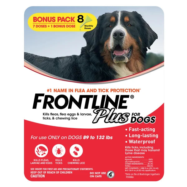 Frontline Plus Flea and Tick Dog Treatment 89-132 lb, 7+1 Doses