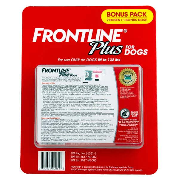 Frontline Plus Flea and Tick Dog Treatment 89-132 lb, 7+1 Doses