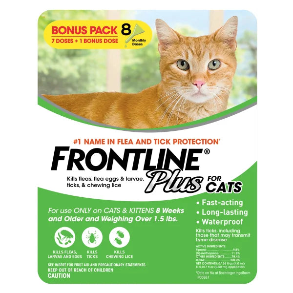 Frontline Plus Flea and Tick Cat Treatment, 7+1 Doses