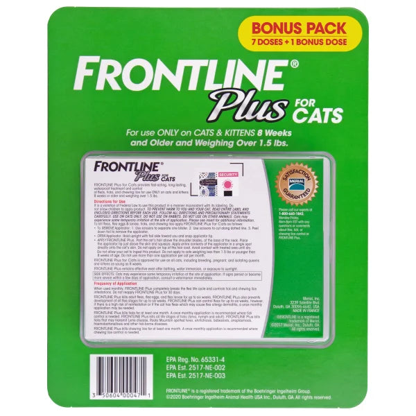 Frontline Plus Flea and Tick Cat Treatment, 7+1 Doses