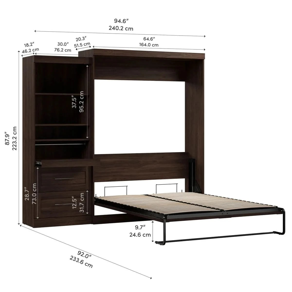 Boutique Queen Murphy Bed and Shelving Unit with Drawers and Pull-Out Shelf