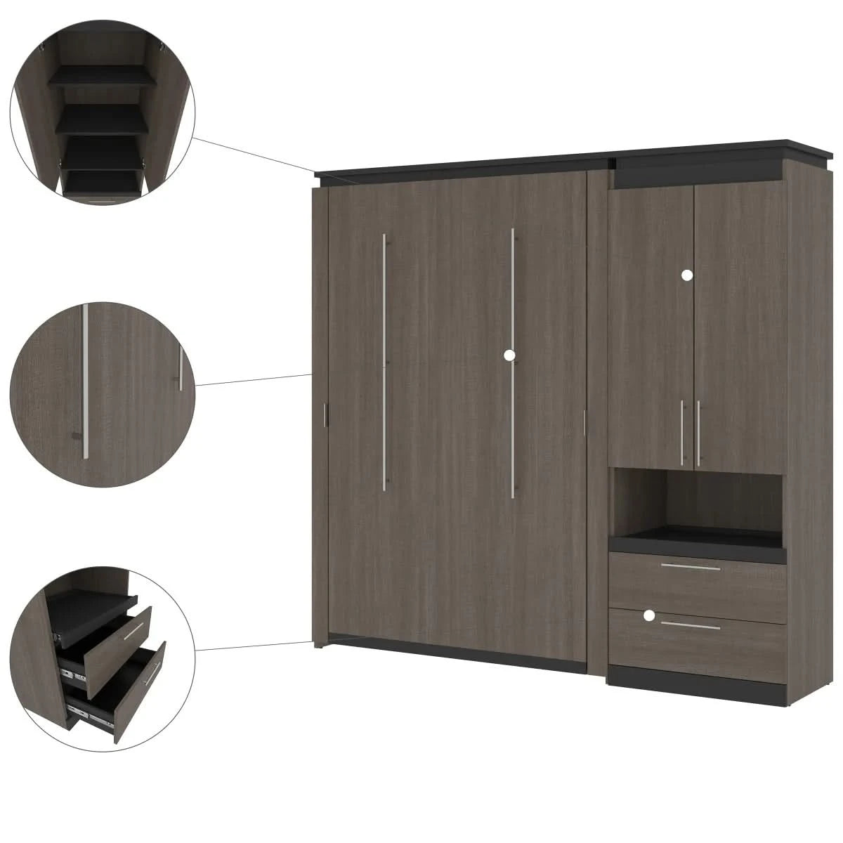 Orion Full Murphy Bed with Storage Cabinet and Nightstand