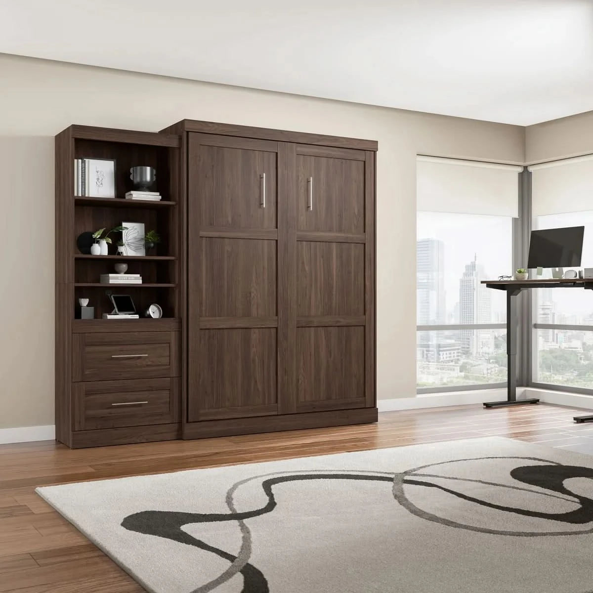 Boutique Queen Murphy Bed and Shelving Unit with Drawers and Pull-Out Shelf