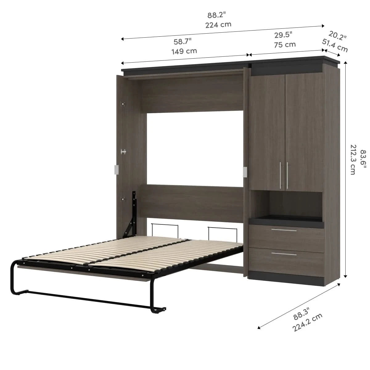 Orion Full Murphy Bed with Storage Cabinet and Nightstand