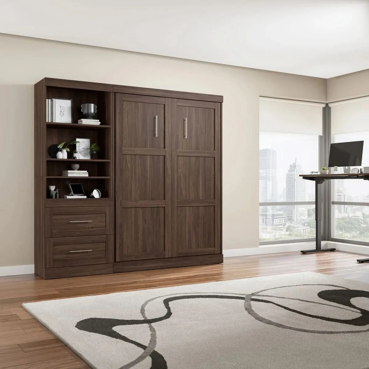 Boutique Full Murphy Bed and Shelving Unit with Drawers and Pull-Out Shelf