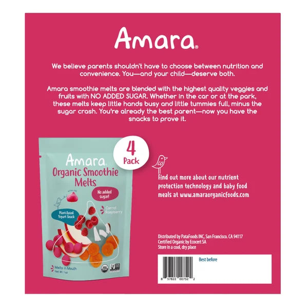 Amara Organic Yogurt Smoothie Carrot Raspberry Melts, 4 (1 oz) bag per box