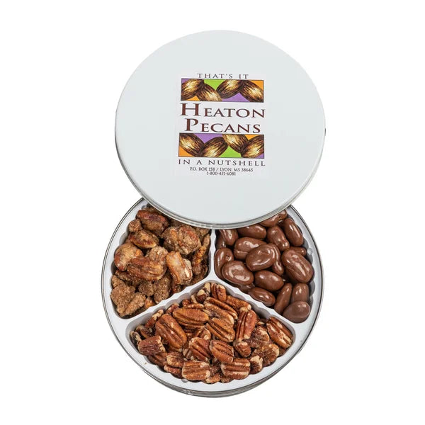 Heaton Pecans Roasted Salted Pecans, Chocolate Covered Pecans, Praline Pecan Tin 2.3 lb Total