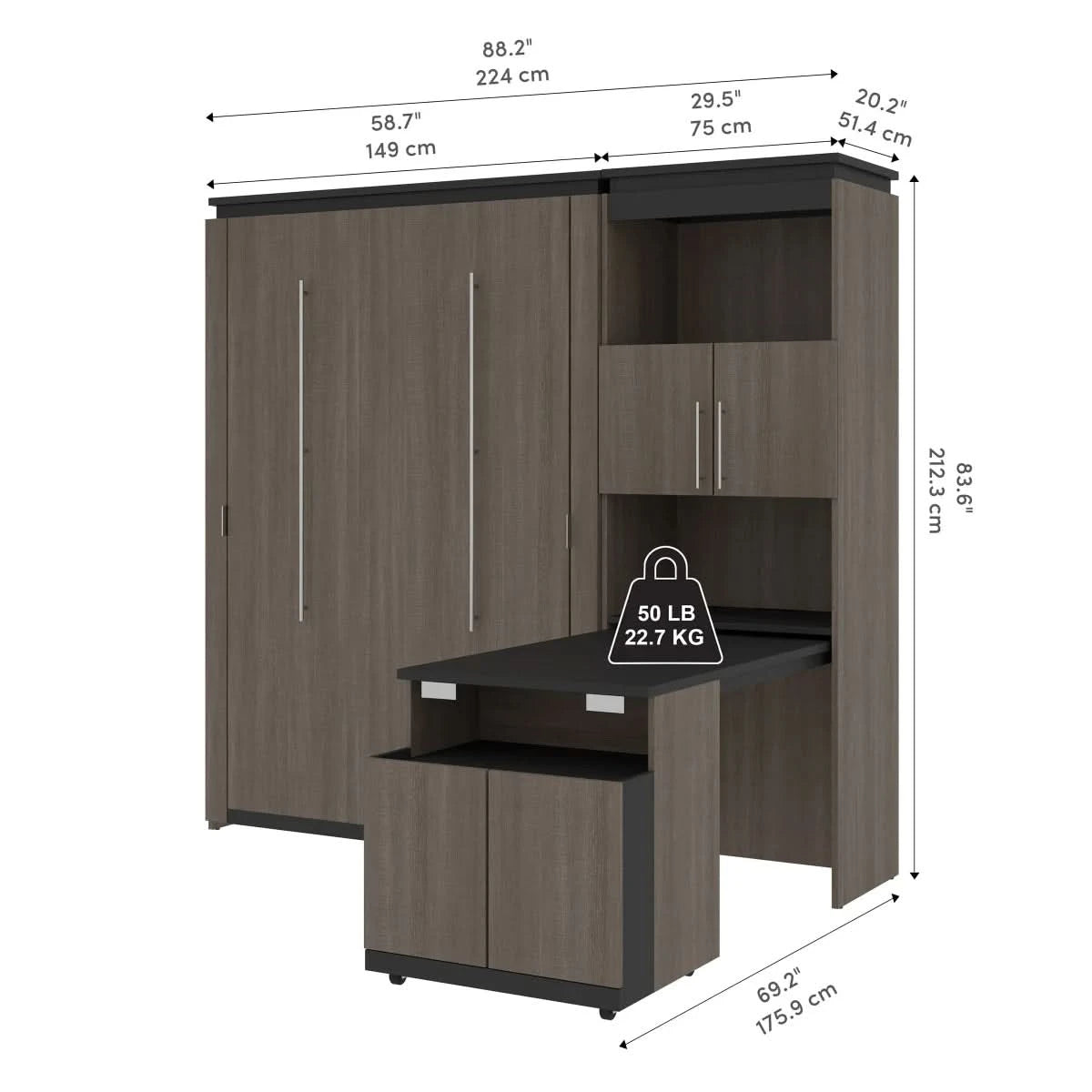 Orion Full Wall Bed and Shelving Unit with Fold-Out Desk