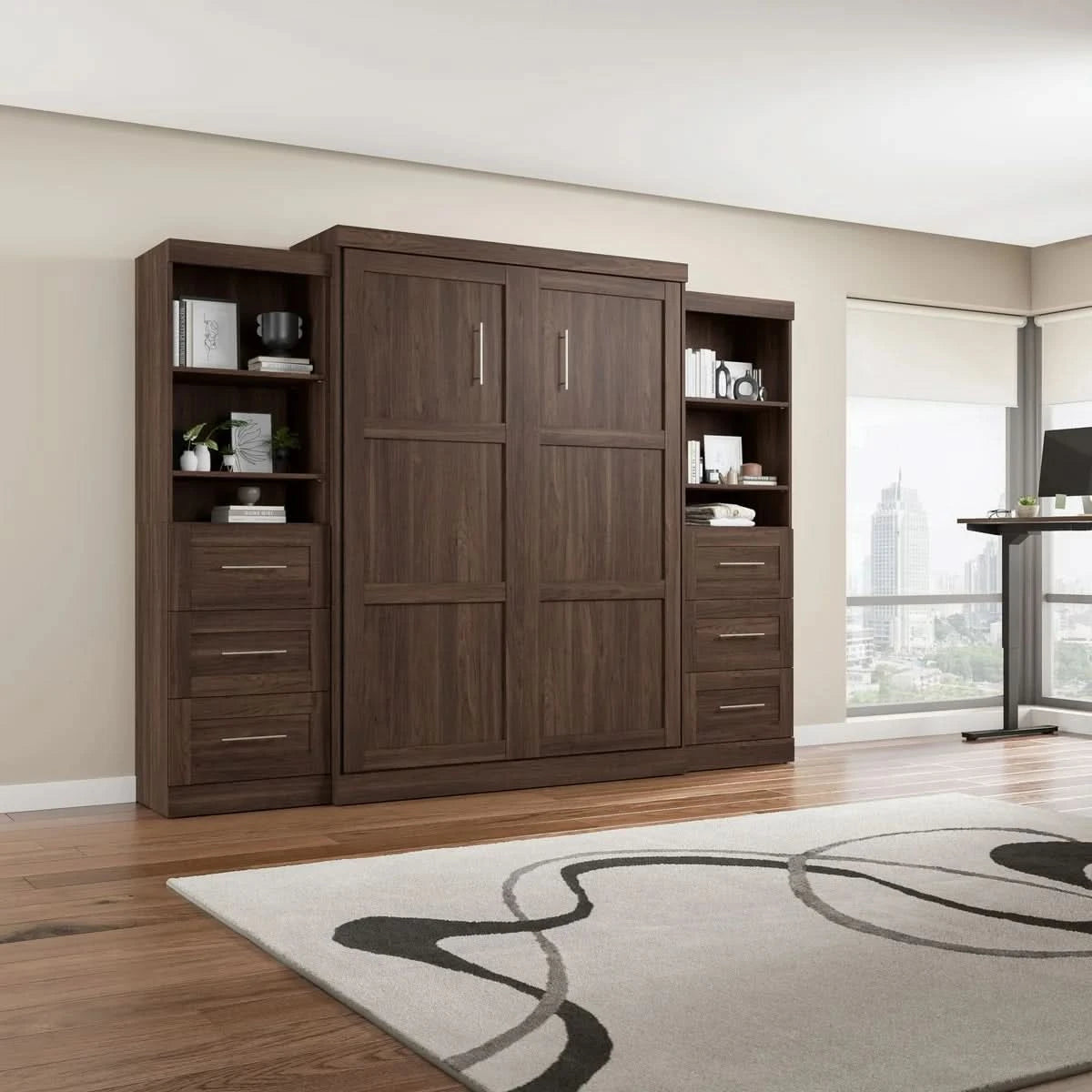 Boutique Queen Murphy Bed and 2 Shelving Units with Drawers