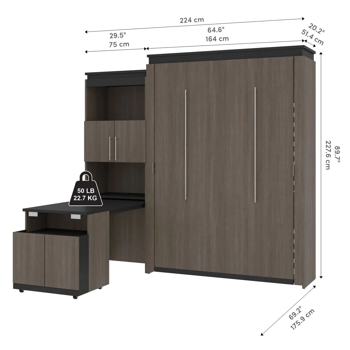 Orion Queen Wall Bed and Shelving Unit with Fold-Out Desk