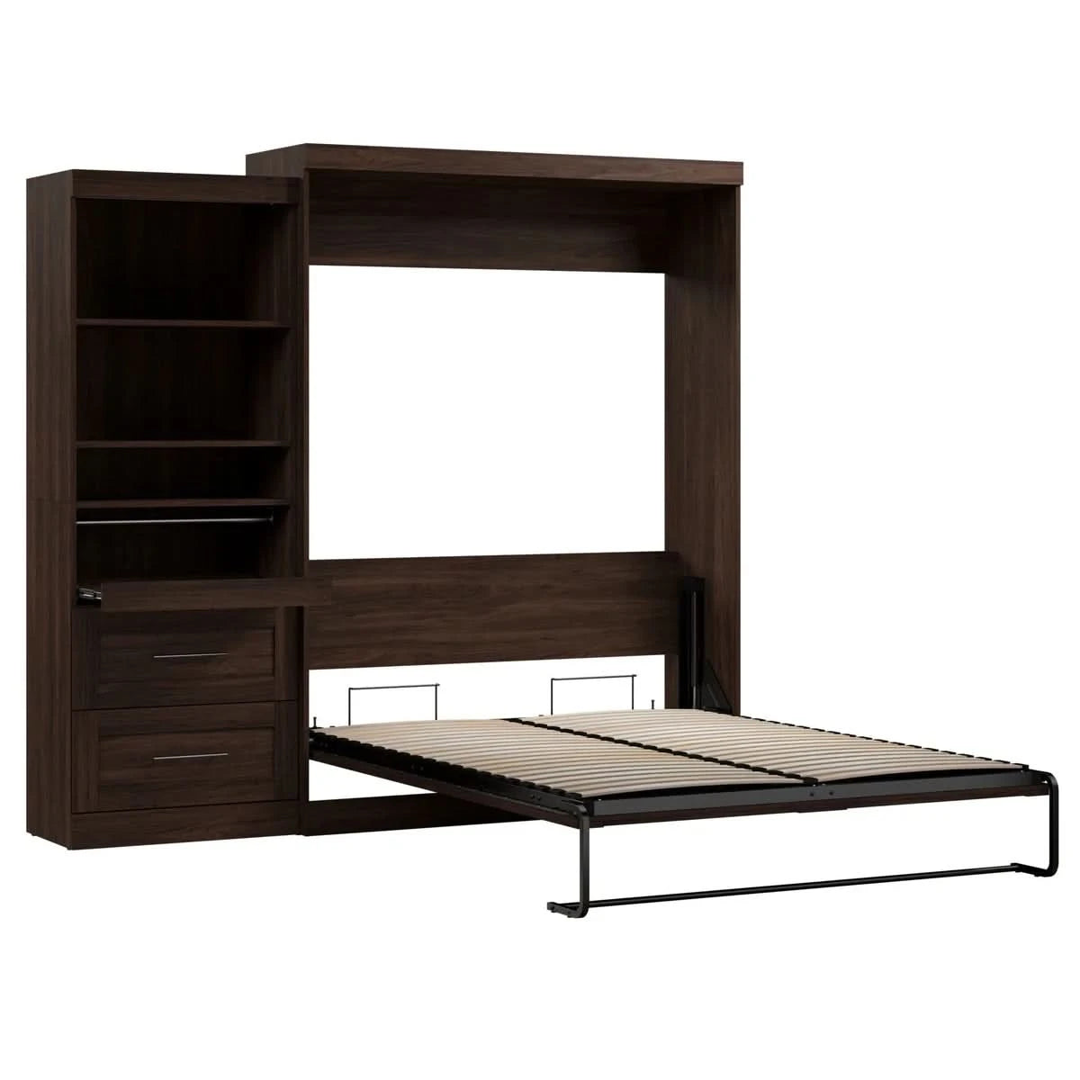 Boutique Queen Murphy Bed and Shelving Unit with Drawers and Pull-Out Shelf