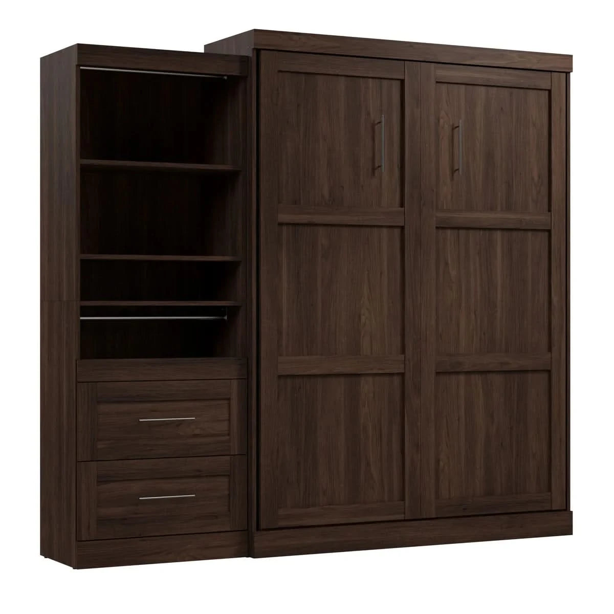 Boutique Queen Murphy Bed and Shelving Unit with Drawers and Pull-Out Shelf