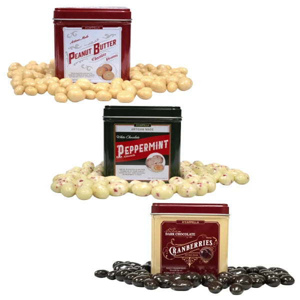 A'cappella Holiday Chocolate Tumbled Fruit and Nut Tri-Tin, 3-pack, 6.5 oz. Each