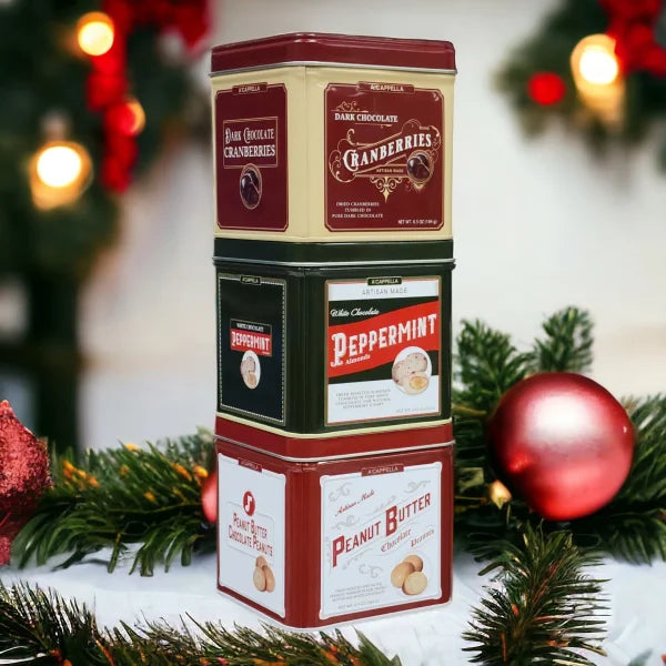 A'cappella Holiday Chocolate Tumbled Fruit and Nut Tri-Tin, 3-pack, 6.5 oz. Each