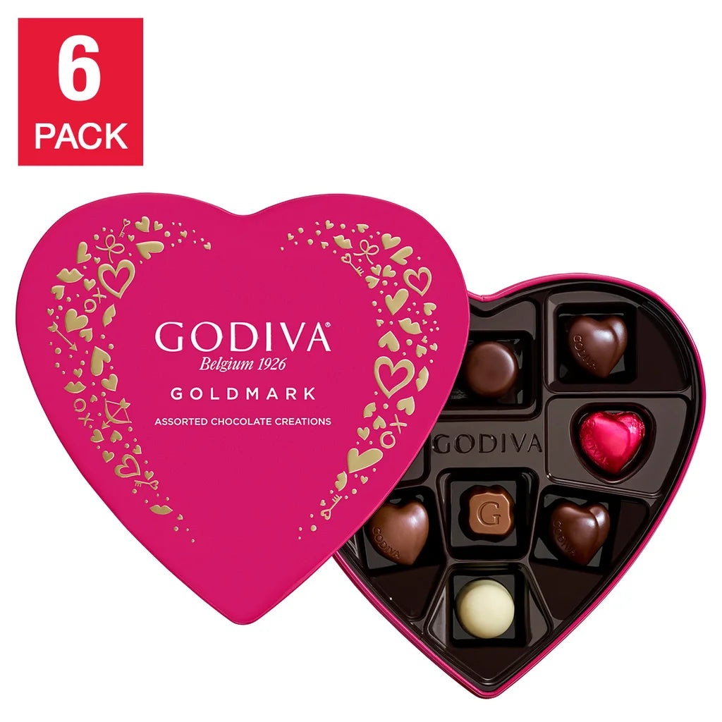 Godiva Goldmark Assorted Valentine's Day Heart Gift Tin, 9 Piece, 6 Pack