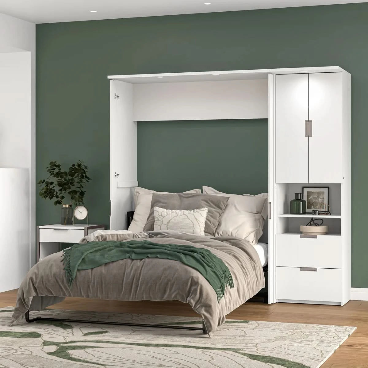 Lumina Full Murphy Bed with Desk and Storage Cabinet, White