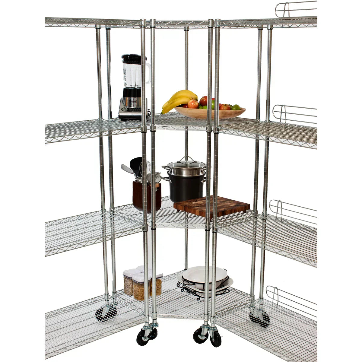 EcoStorage 4-Tier Corner Wire Shelving Rack with Wheels, 18" D, NSF, Chrome Color