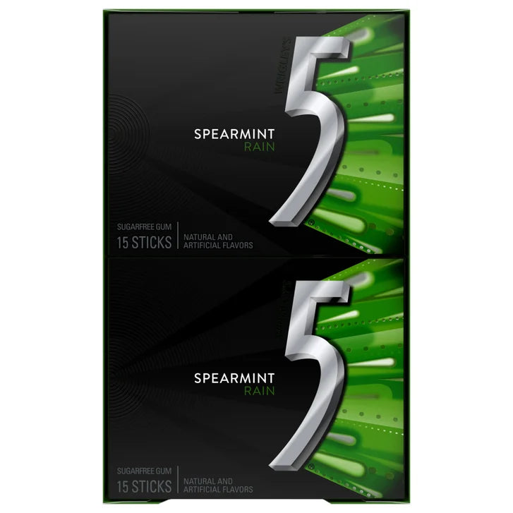 5 Gum Sugar Free Gum, Spearmint Rain Chewing Gum, 15 Sticks, 10-count