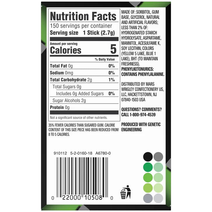 5 Gum Sugar Free Gum, Spearmint Rain Chewing Gum, 15 Sticks, 10-count