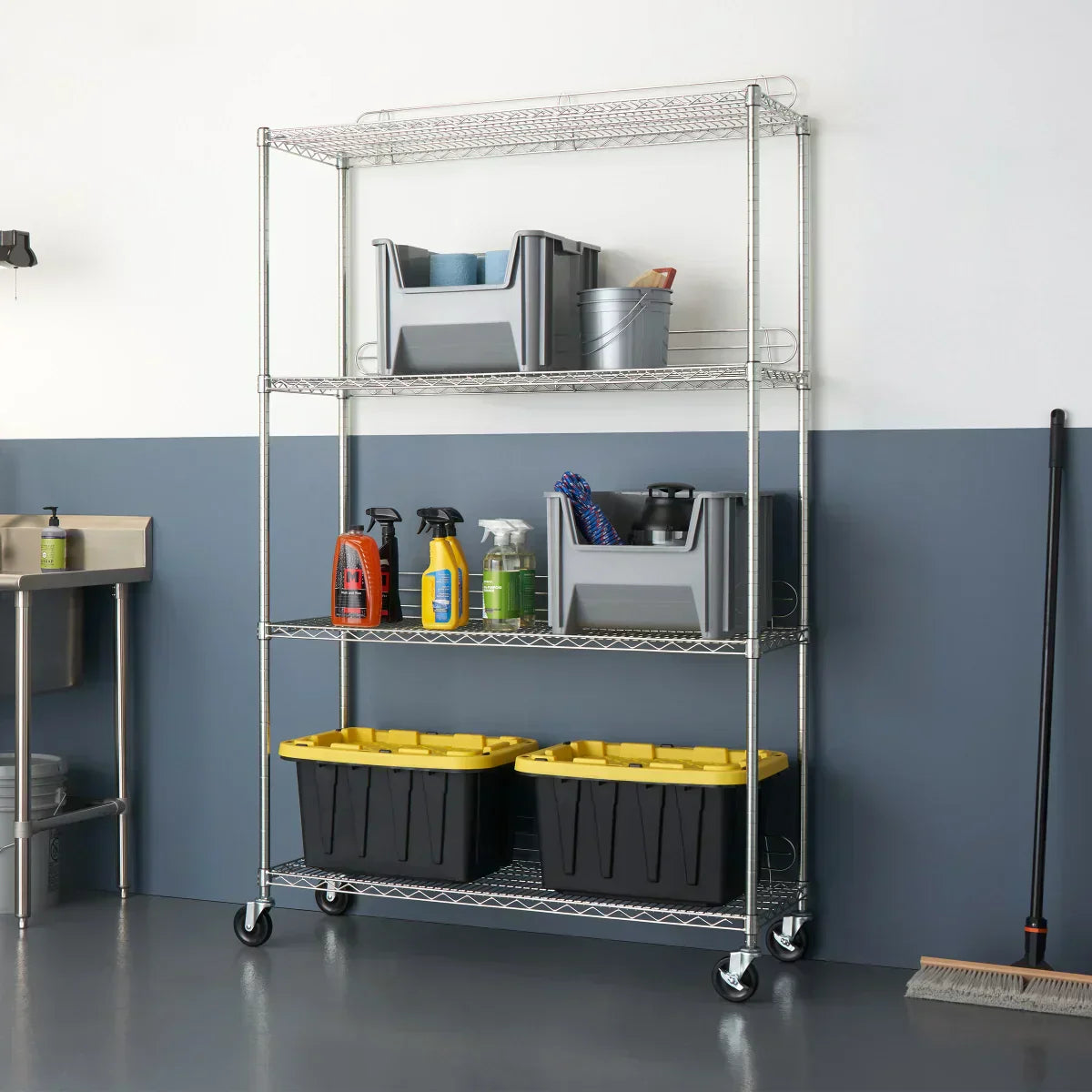 TRINITY EcoStorage 4-Tier Wire Shelving Rack with Wheels, 48" x 18" x 72" , NSF, Chrome Color