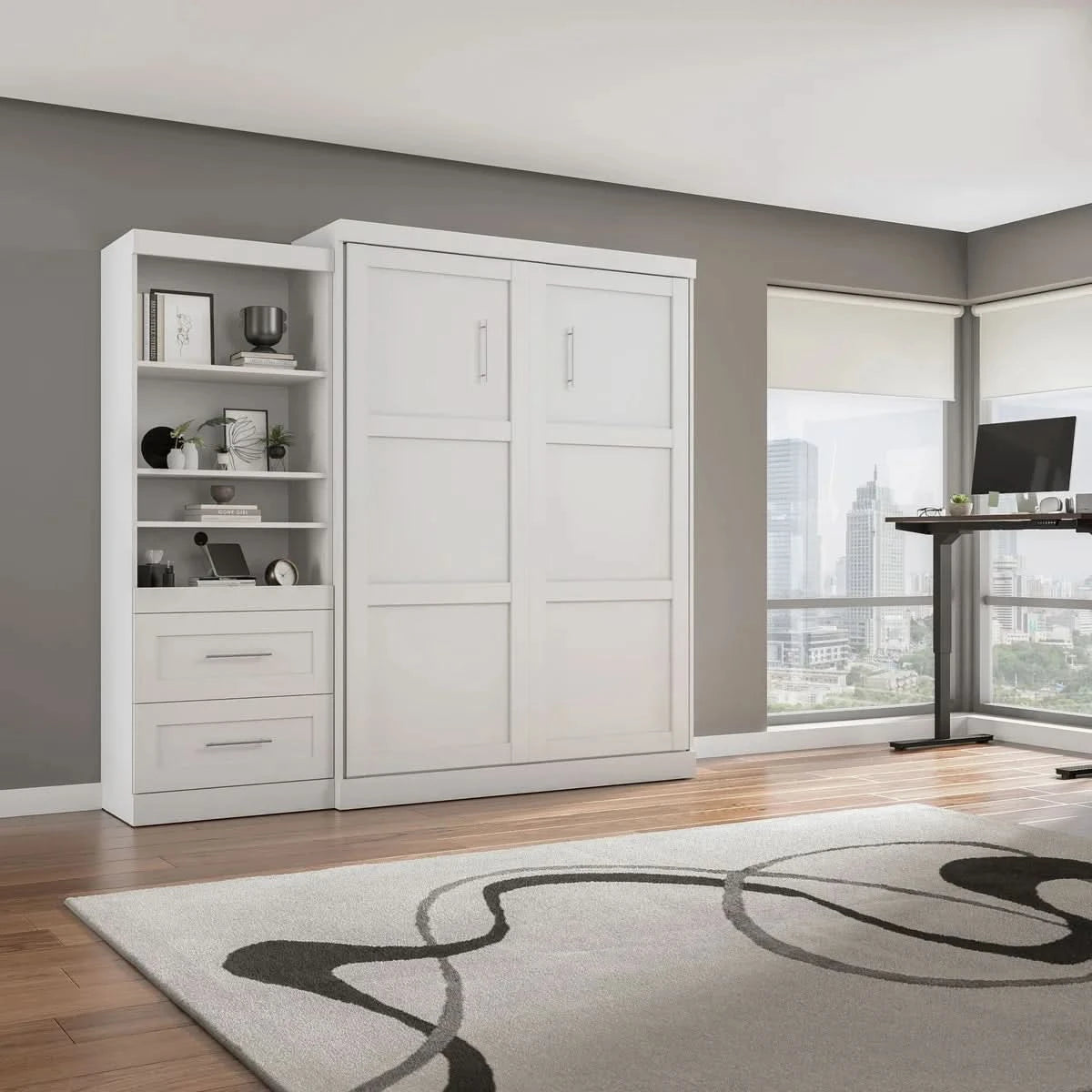 Boutique Queen Murphy Bed and Shelving Unit with Drawers and Pull-Out Shelf