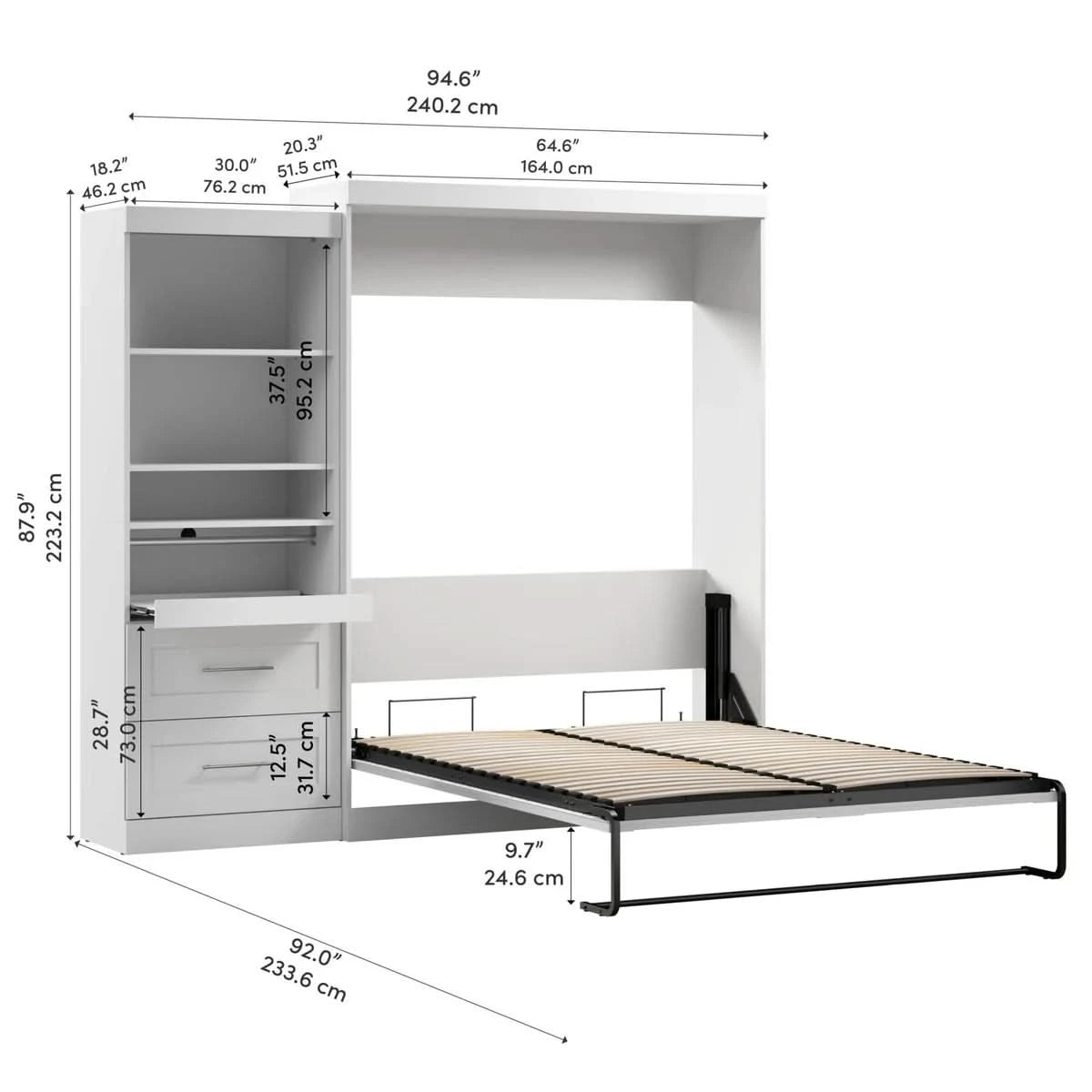 Boutique Queen Murphy Bed and Shelving Unit with Drawers and Pull-Out Shelf