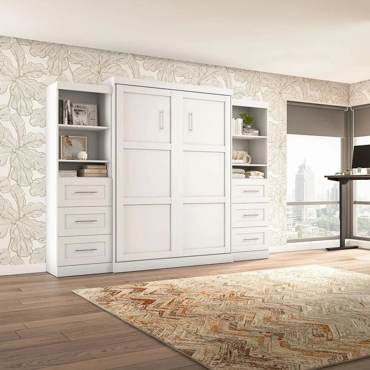 Boutique Queen Murphy Bed and 2 Shelving Units with Drawers