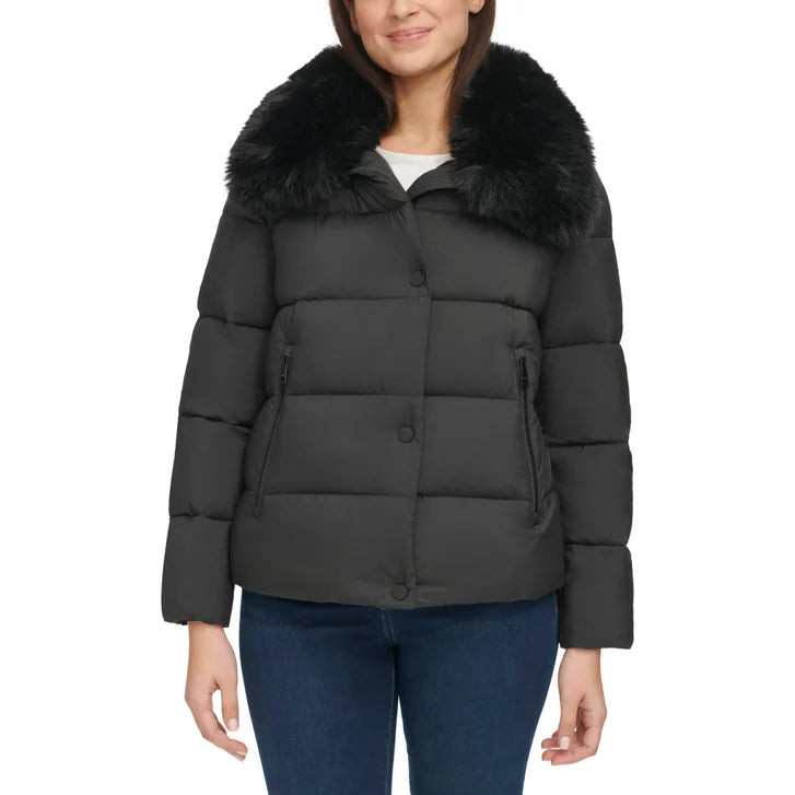 DKNY Women's Short Puffer with Removable Faux Fur Collar