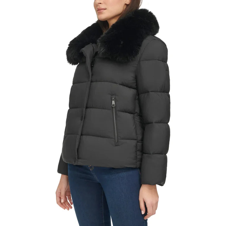 DKNY Women's Short Puffer with Removable Faux Fur Collar