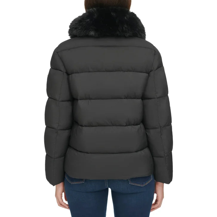 DKNY Women's Short Puffer with Removable Faux Fur Collar