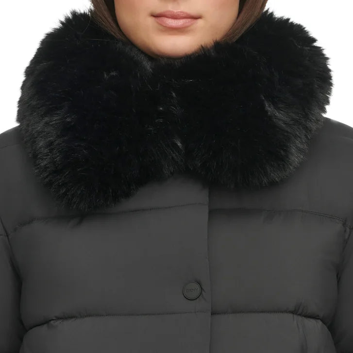 DKNY Women's Short Puffer with Removable Faux Fur Collar